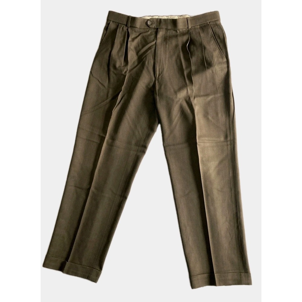 Tasso Elba Dress Pants Men 38x31 Brown Wool Blend Pleated Straight Leg Cuff Hem